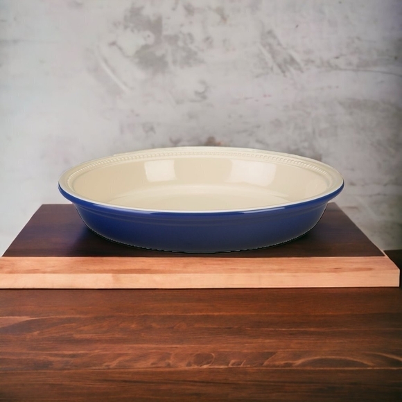 New VNTG Stoneware LE CREUSET Blue Ceramic Bake &Share Pie Dish Pie Quiche Plate - Picture 1 of 5